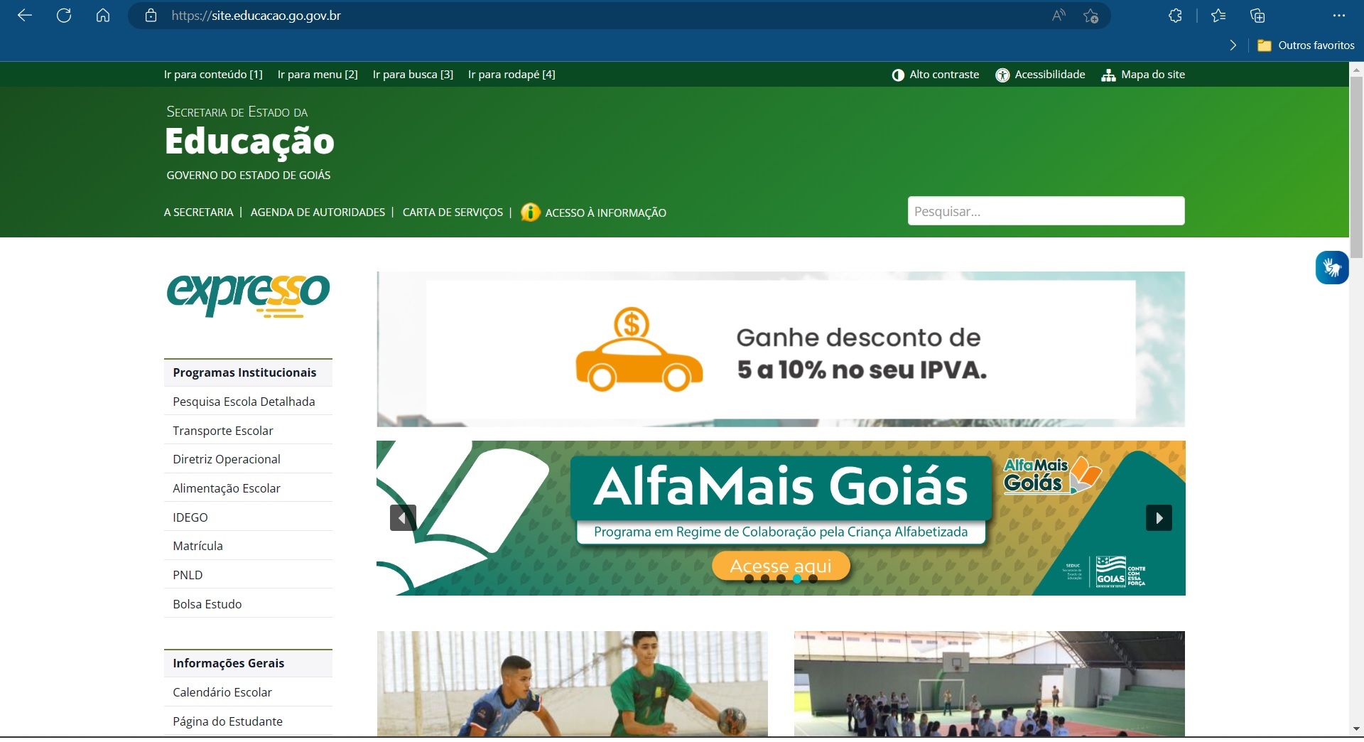 print da tela do site oficial da secretaria de educação de Goiás