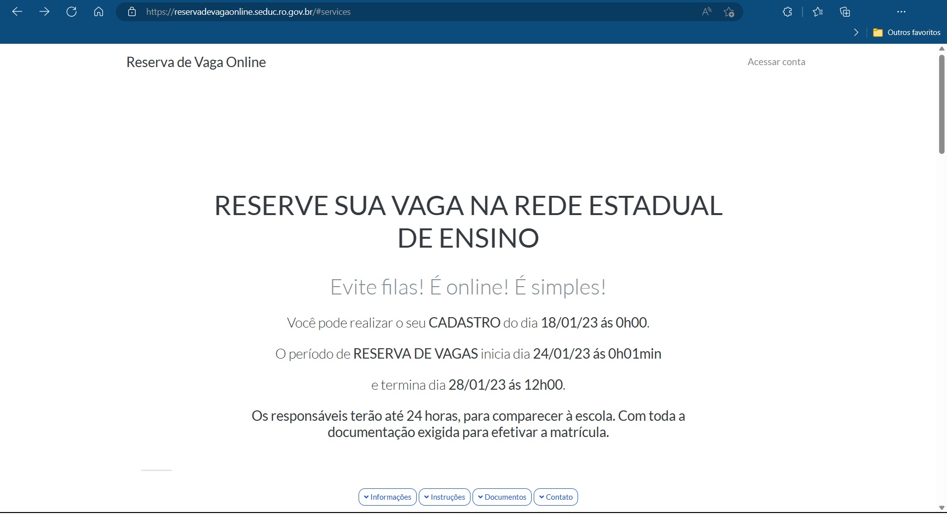 Portal Reserva de Vagas Online Seduc Rondônia 